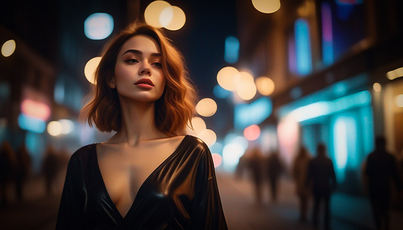 Fotógrafo Book modelo mujer posando en la calle de noche con fondo desenfocado