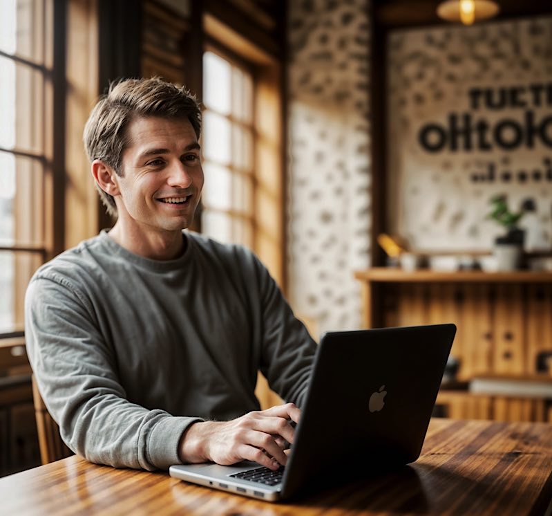 Hombre usando ordenador portátil en una cafetería imagen IA